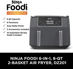Ninja DZ071 Foodi 6-in-1 FlexBasket Air Fryer with 7-QT MegaZone & Basket Divider for Large Proteins & Full Meals, Smart Finish Cook 2 Foods 2 Ways, Family Sized Capacity, Air Fry, Roast & More, Black