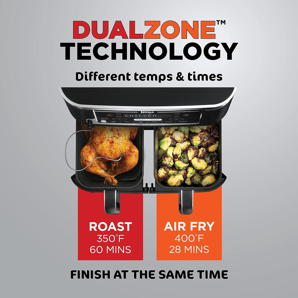 Ninja DZ071 Foodi 6-in-1 FlexBasket Air Fryer with 7-QT MegaZone & Basket Divider for Large Proteins & Full Meals, Smart Finish Cook 2 Foods 2 Ways, Family Sized Capacity, Air Fry, Roast & More, Black