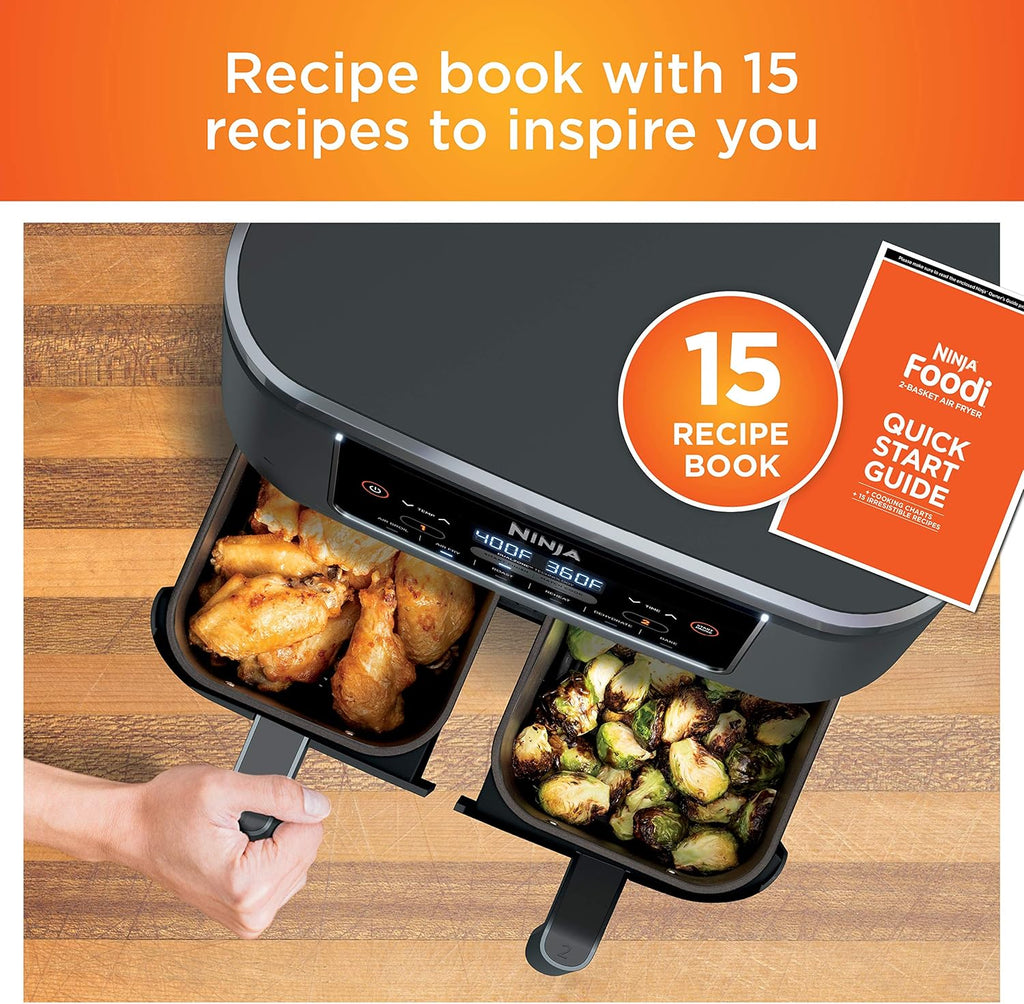 Ninja DZ401 Foodi 10 Quart 6-in-1 DualZone XL 2-Basket Air Fryer with 2 Independent Frying Baskets, Match Cook & Smart Finish to Roast, Broil, Dehydrate for Quick, Easy Family-Sized Meals, Grey
